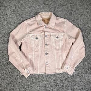 Lucky Brand Jacket Womens M Pink Tomboy Trucker Denim Cropped Raw Hem Button Up